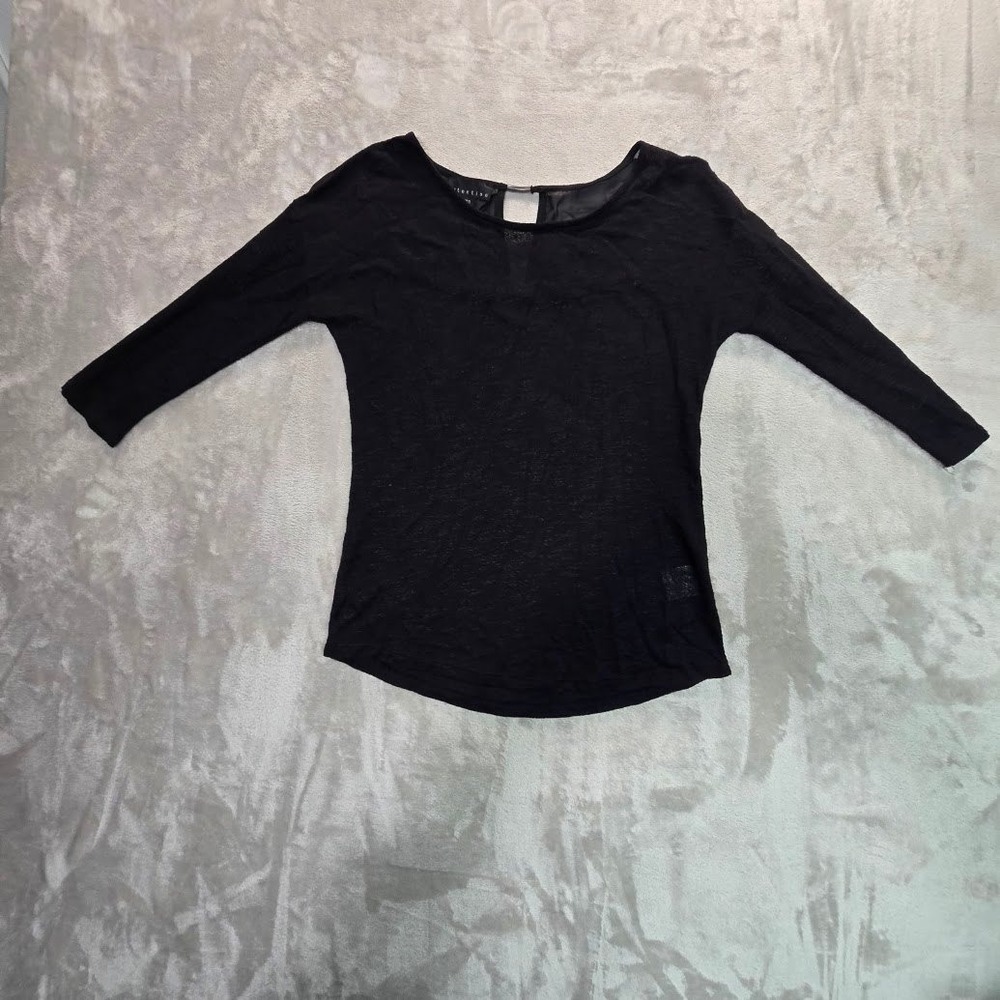 Reflective Black Sheer Knit 3/4 Sleeve Top Open Back Mesh Detail Scoop Neck